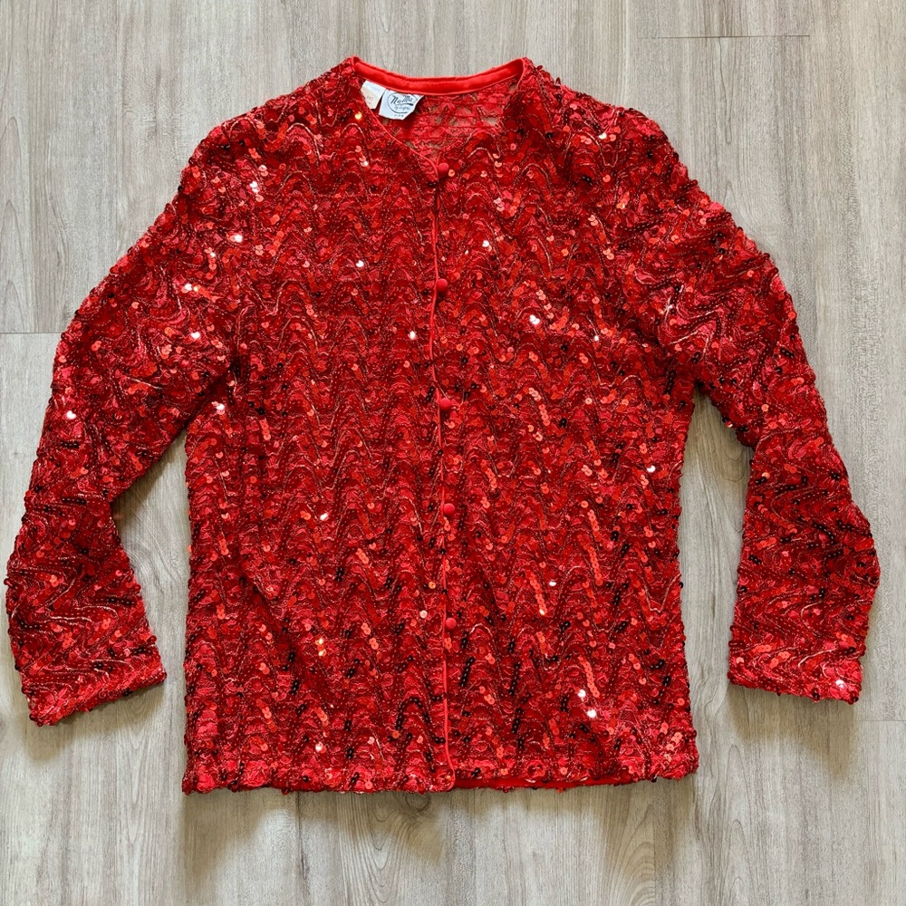 Vintage Na'ma Red Sequin Sparkly Button Up Cardigan Top Christmas Medium Holiday